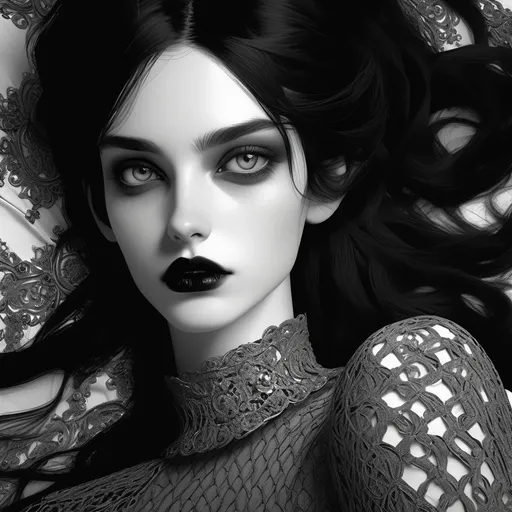 Prompt: slender goth with intricate detailed face, beautiful dreamy eyes, pale white skin, black hair, black lips, lying on bed, sharp focus, best quality, black and white masterpiece, illustration, detailed, HDR, 64K, RPG,