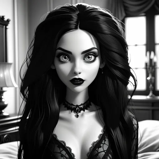 Prompt: sensual slender goth with intricate detailed face, beautiful dreamy eyes, long obsidian hair, black lips, wicked grin, in bedroom, sharp focus, best quality, black and white masterpiece, illustration, super detailed, HDR, 64K, RPG,