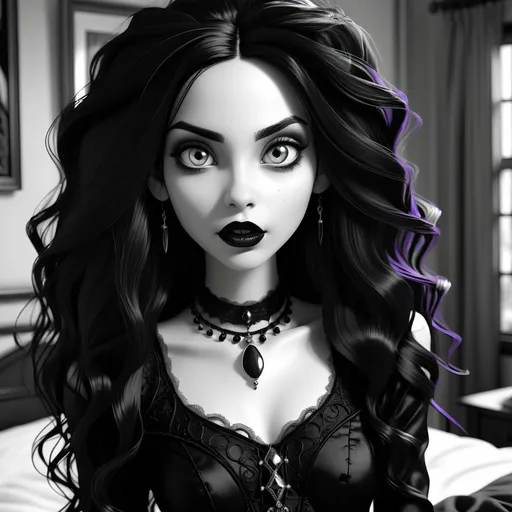 Prompt: sensual slender goth with intricate detailed face, beautiful dreamy eyes, long obsidian hair, black lips, wicked grin, in bedroom, sharp focus, best quality, black and white masterpiece, illustration, super detailed, HDR, 64K, RPG,