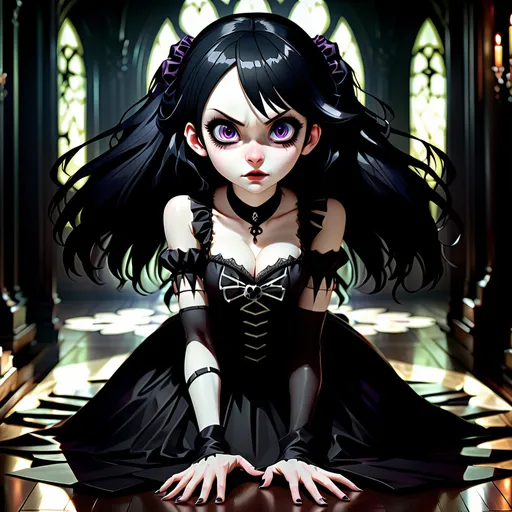 Prompt:  Beautiful anime girl with obsidian hair, pale white skin, evil grin, she's wearing a gothic dress, touching, crawling on top, dark room background,