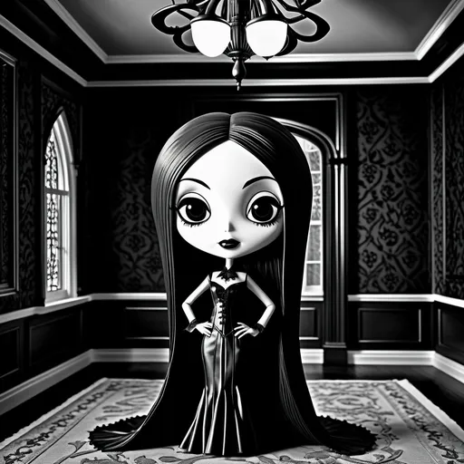 Prompt: Morticia Addams slender chibi goth, posing in gothic bedroom, black and white masterpiece, super detailed, HDR, view from below,
