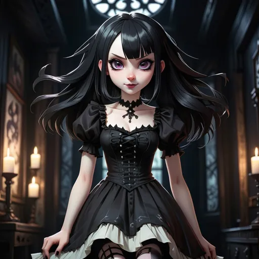 Prompt:  Beautiful anime girl with obsidian hair, pale white skin, evil grin, she's wearing a gothic dress, dark room background, view from below, foot
