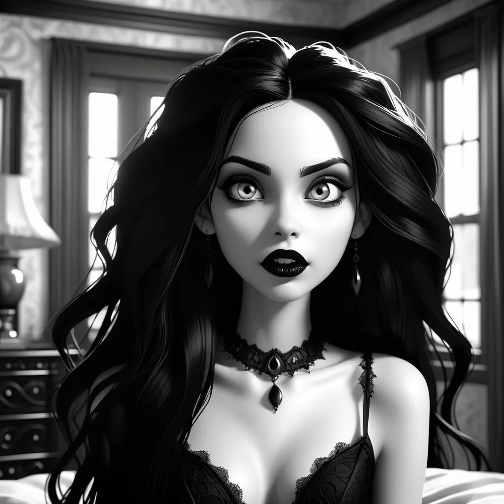 Prompt: sensual slender goth with intricate detailed face, beautiful dreamy eyes, long obsidian hair, black lips, wicked grin, in bedroom, sharp focus, best quality, black and white masterpiece, illustration, super detailed, HDR, 64K, RPG,