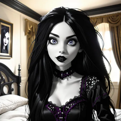 Prompt: sensual slender goth with intricate detailed face, beautiful dreamy eyes, long black hair, black lips, grin, in bedroom, view from below, sharp focus, best quality, black and white masterpiece, illustration, super detailed, HDR, 64K, RPG,