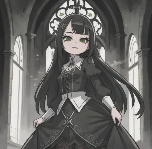 Prompt: 20 years old slender girl with long black hair and green eyes make up like gothic | gothic black dress | symmetrical, intricate detailed face, accurate anatomy, | standing in church | sharp focus, ultra-fine details, cinematic lighting, 64k | realistic illustration, digital painting, scenic, wlop, artgerm, vastly ornate detailed background, vibrant colors, italian 