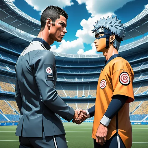 Prompt: Cristiano Ronaldo and Uzumaki Naruto meeting for the first time, realism style, cool color scheme with shades of blue and gray, captured in a dynamic and dramatic moment that conveys surprise and admiration, vivid expressions on their faces, detailed outfits, the background featuring a stadium setting merging with a whimsical ninja landscape, high detail, cinematic atmosphere, focusing on character interaction and emotions.