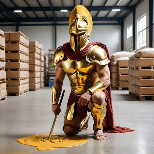 Prompt: spartan warrior with golden armor and golden helmet painting warehouse floor with roller