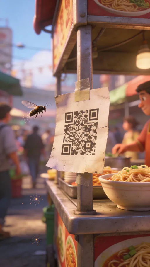 Prompt: Visuals: Close-up on a worn-out, static paper QR code taped to the noodle stall counter. It looks defenseless. A fly buzzes around it.

Action: The background is busy, but the focus is on how easily accessible this piece of paper is.

Audio: Market noise. A slight buzzing sound.3D animation