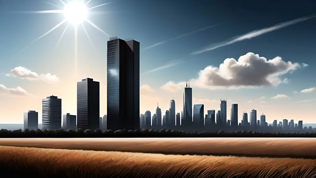 Prompt: landscape Blackgound realistic 
bright day light sky with 1 big long building view on side 

