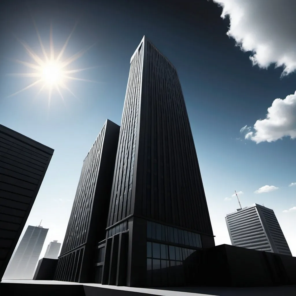 Prompt: Blackgound realistic 
bright day light sky with 1 big long building view on side 

