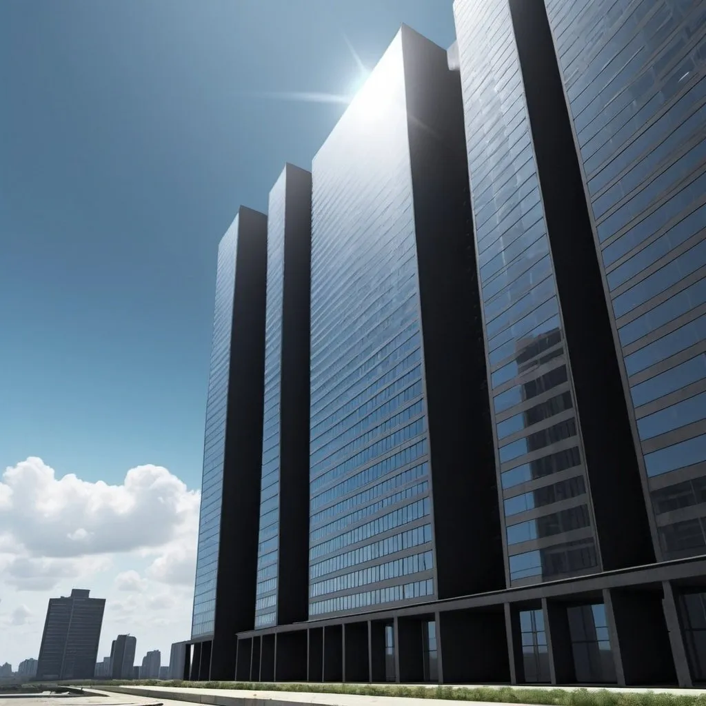 Prompt: Blackgound realistic 
bright day light sky with 1 big long building view on side 

