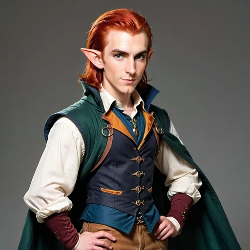 Prompt: A Young Half-elf Wizard with slick back red hair.  Wearing deep blue vest, a cream shirt, brown pants, a green cloak.