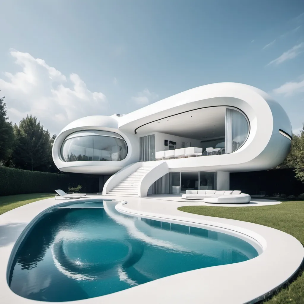 Prompt: a white futuristic house with a pool with a ovni and a cinema

