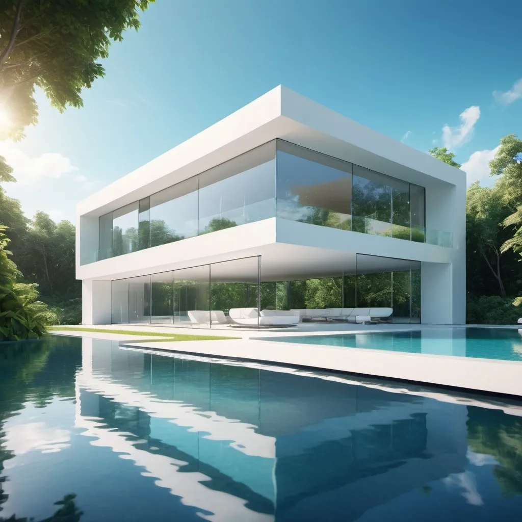 Prompt: a white futuristic house with a pool
