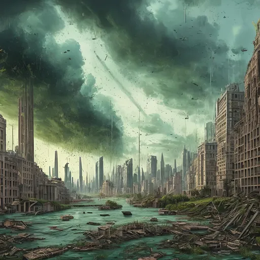 Prompt: The remains of a huge european modern city with harbour, skyscrapers, abandoned and overruled by nature due to climate change and risen water level floods, dark rainy day, doom, lush green. van Rijn style painting