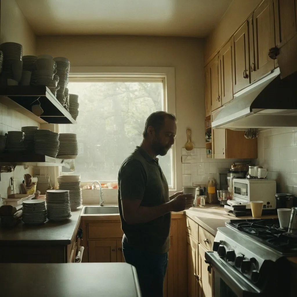 Prompt: a man standing in a kitchen next to stacks of cups, a screenshot by Tim Biskup, instagram contest winner, american realism, shot on 70mm, anamorphic lens flare, film grain
