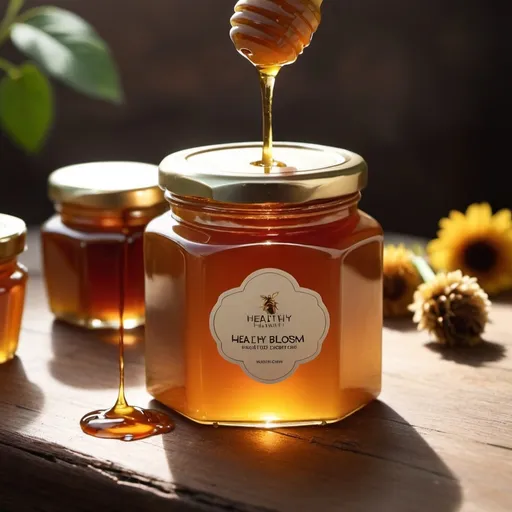 Prompt: A dark, rich-colored wild honey is displayed in a glass jar on a wooden table. The jar is labeled with the brand name "Healthy Blossom" in elegant, sophisticated font. The honey has a deep amber hue, and its thick, glossy texture is visible through the jar. Sunlight casts a soft, warm glow on the jar, accentuating the luxurious appearance of the dark honey. A few drips of honey have spilled onto the table, adding a touch of natural messiness to the scene. The background is subtly blurred, keeping the focus on the jar and the beautiful, dark honey it contains. use below image to logo