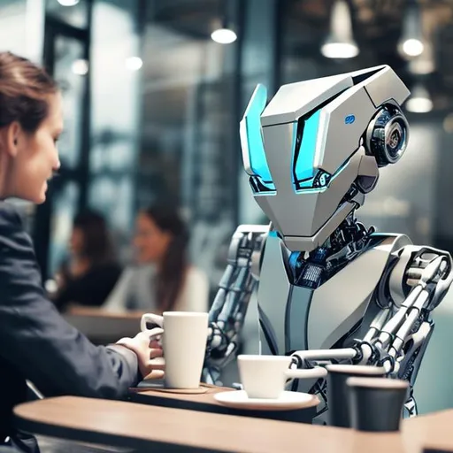 Prompt: Create an image showing a humanoid-type robot enjoying a coffee break with coworkers