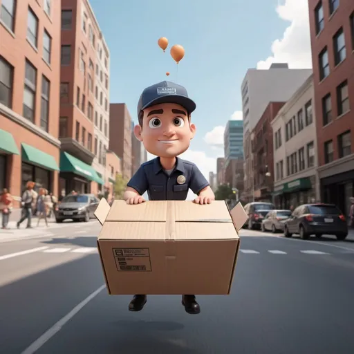 Prompt: A bobble head type animated delivery person flying through city with people looking up at him delivering the box in 2d animation
