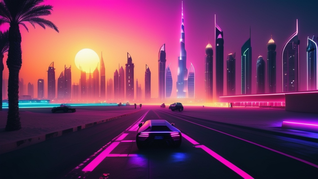 Prompt: synth wave cyberpunk style dubai during the night