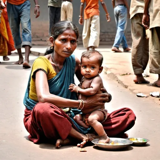 Prompt: Indian Poor begging with infant