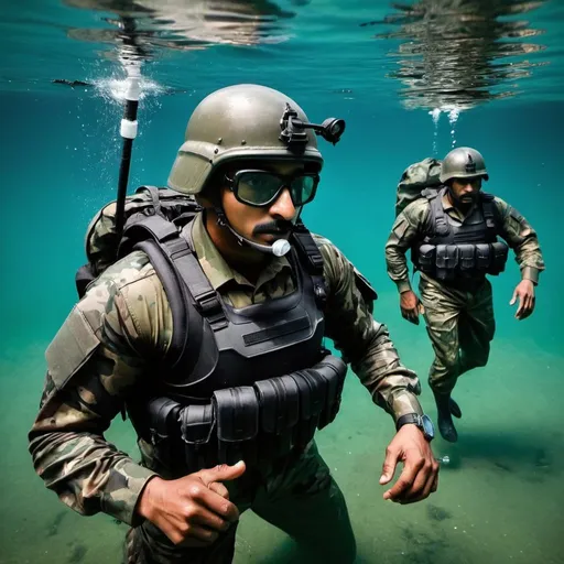 Prompt: 5 indian army under water whith armour 