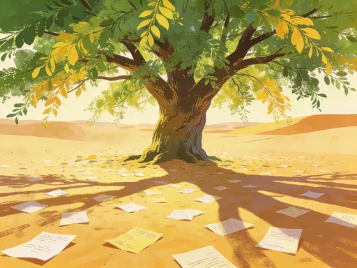 Prompt: create an illustration of a tree , huge one with fallen papers, green and yellow in the middle of desert
