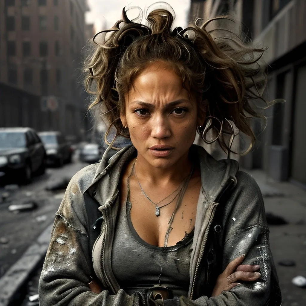 Prompt: Jennifer Lopez as a scruffy crazy homeless woman, digital painting, disheveled clothing and wild hair, gritty urban setting, intense expression, high quality, detailed digital painting, gritty, intense, urban, disheveled, crazy, homeless, wild hair, professional, dramatic lighting, bad teeth, pimples