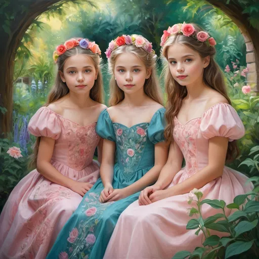 Prompt: Vibrant oil painting of three enchanting maidens in a lush garden, flowing gowns with intricate floral patterns, ethereal beauty with captivating gazes, high quality, oil painting, vibrant colors, detailed floral patterns, enchanting maidens, lush garden setting, captivating gazes, flowing gowns, vibrant, ethereal beauty, professional, natural lighting