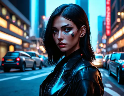 Prompt: ultra-realistic photo of a beautiful cyberpunk woman, shot on a Sony a7III, on the street in futuristic city, emotive expressions, detailed, lifelike --ar 35:64 --stylize 750