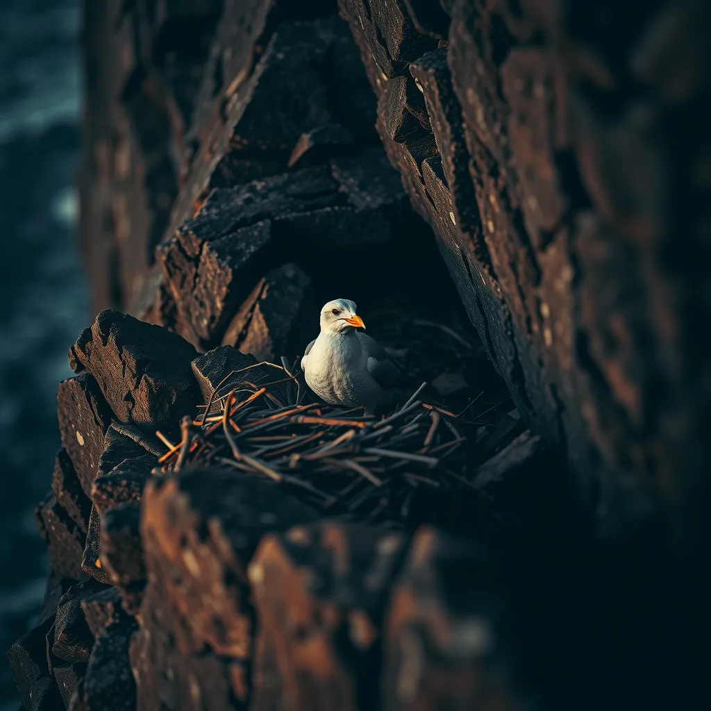 Prompt: photorealistic, (seagull) nesting, (cliff face), dramatic shadows, muted tones, dark color scheme, rugged textures, atmospheric depth, mist creeping in, serene yet raw environment, intricate details on feathers, natural habitat, rocky background, twilight setting, 4K, ultra-detailed, captivating contrast, nature's resilience.