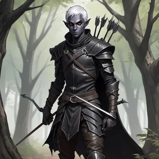 Prompt: Create a d&d sketch of a dark elf/drow ranger in leather armor,covered with black tattered cloak, short white crew cut hair with grey lines, missing his left arm, holding a rapier in his right hand.Bow and arrow on his back. His body is lean and fit. Behind him are forest trees. Anime style