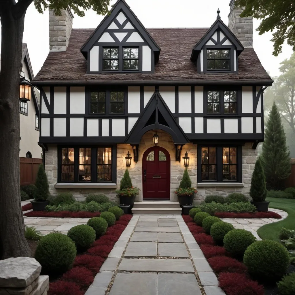 Prompt: Tudor modern exterior of a realistic home, tall black windows, trees and plants, stone pathway, garden, natural lighting, gas lanterns sconces, dark red front door
