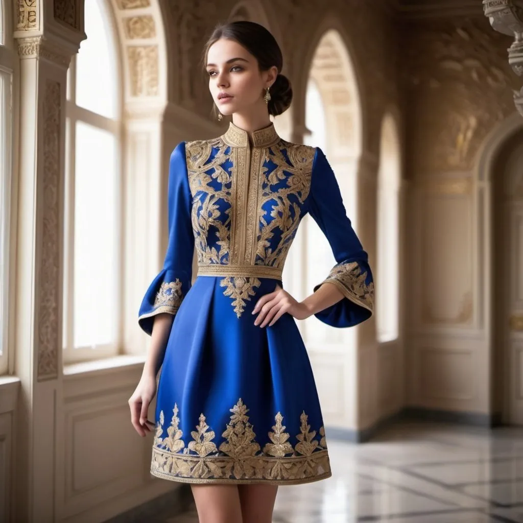 Prompt: Short dress design inspired by Ali Qapu Palace, architectural sleeve modeling, elegant and regal, high-fashion, detailed embroidery, luxurious silk fabric, royal color palette, vintage couture, intricate pattern, high quality, haute couture, detailed design, regal attire, architectural inspiration, luxurious detailing, royal aesthetic, opulent material, royal blue and gold tones, natural lighting