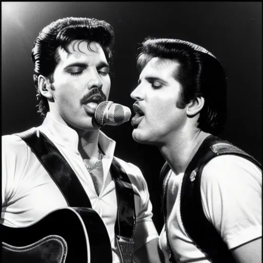 Prompt: Fred Mercury singing with Elvis Presley