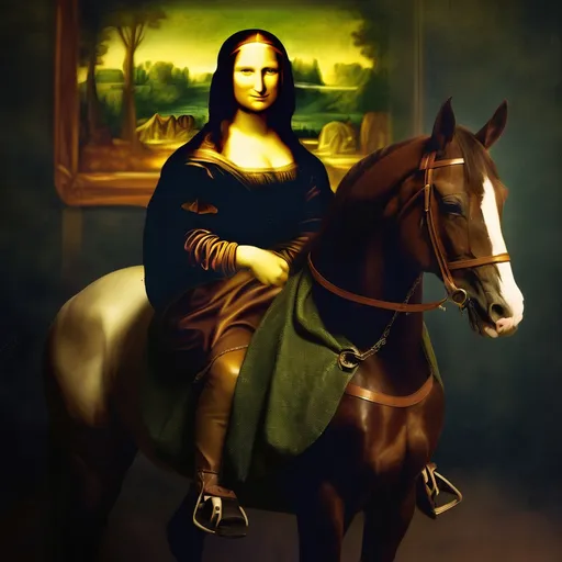 Prompt: Portrait of Leonarod Da Vincis Mona Lisa riding on a horse with mytchical and mystery magic light.
