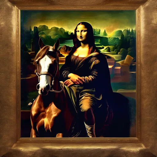 Prompt: Portrait of Leonarod Da Vincis Mona Lisa riding on a horse with mytchical and mystery magic light.
