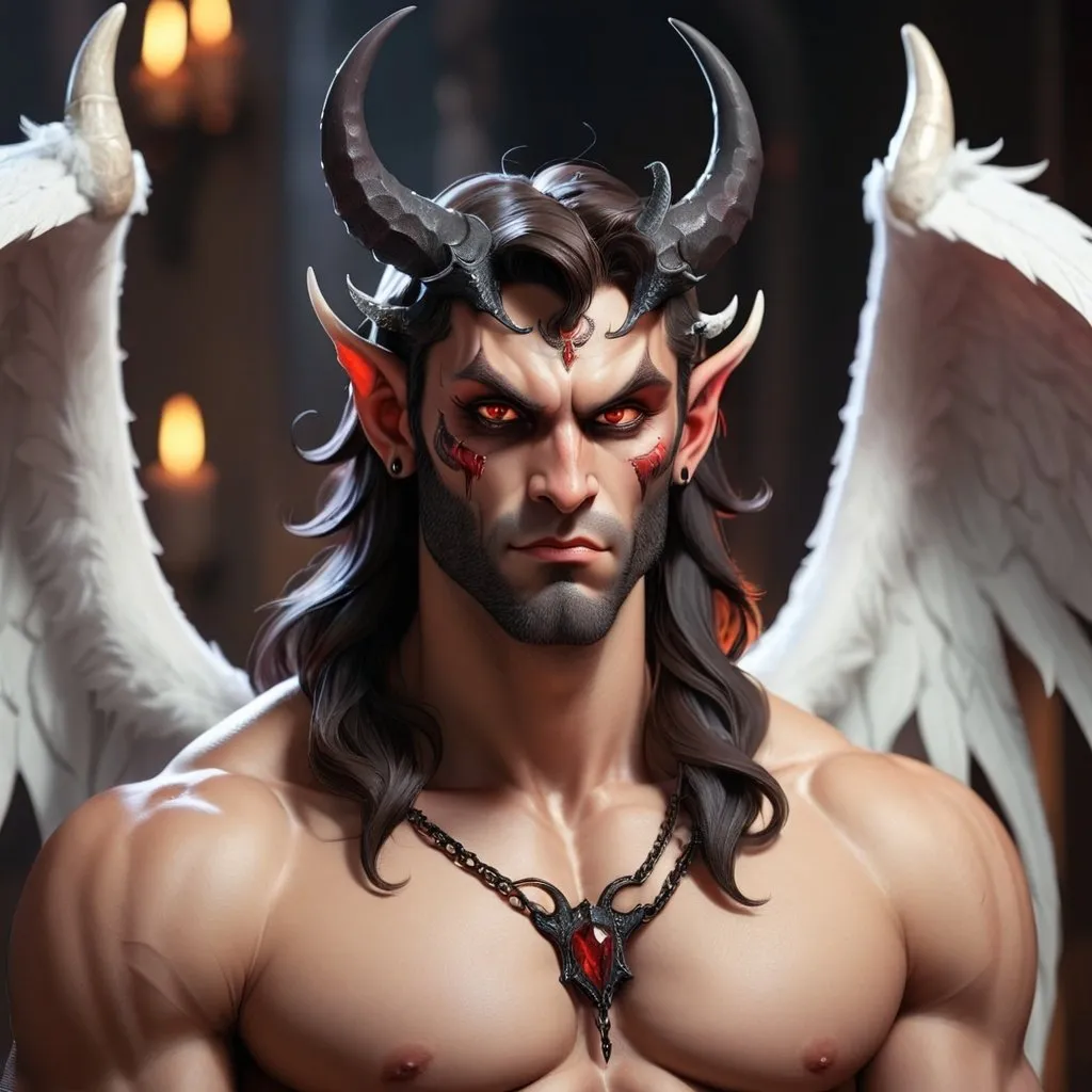 Prompt: Good looking Male Demon with horns and angel  wings 