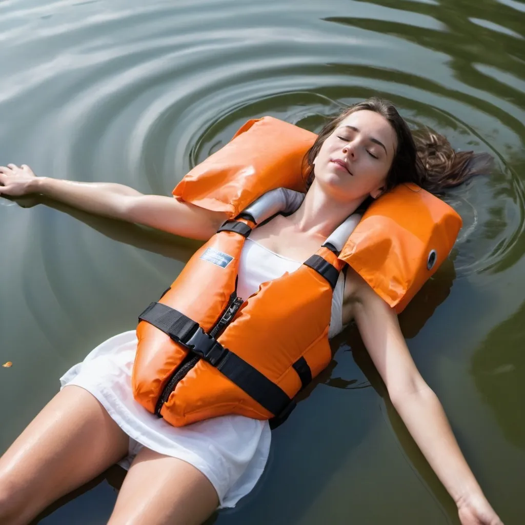 Prompt: A young brunette woman wearing an orange life jacket with tightened straps over a simple white dress, having a relaxed expression on her face and make her lie down facing up in the water, Also make her hold the sides of the life jacket as if she is enjoying this feeling of floating in water