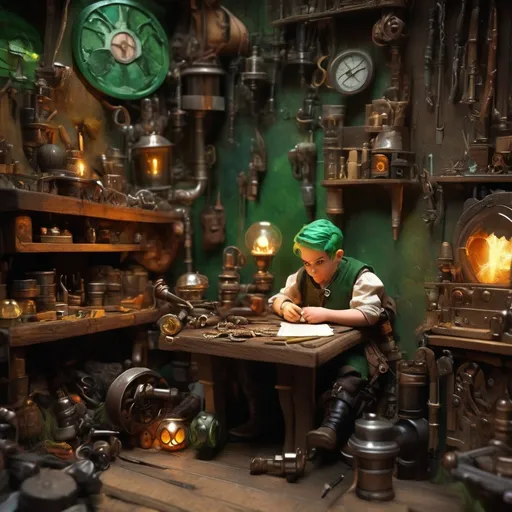 Prompt: <mymodel> (dungeons and dragons fantasy art) halfling male artificer, (dark green hair), workshop tinkerer, intricate gadgets and tools, warm and intricate lighting, medieval workshop ambiance, rich and earthy color tones, cluttered yet organized background, steampunk influences, creative and inventive atmosphere, ultra-detailed, vibrant colors, high depth, cinematic, 4K quality.