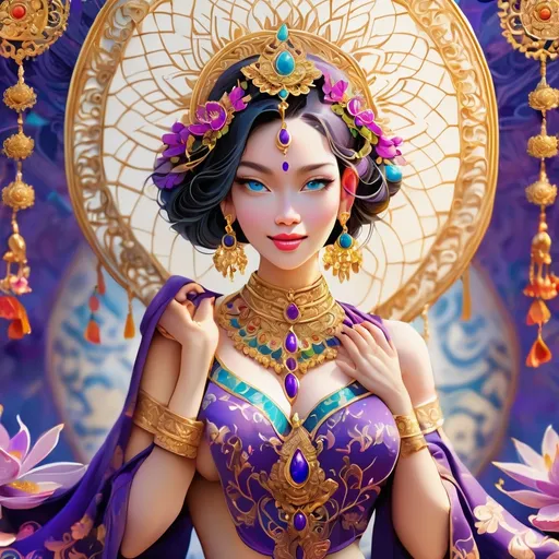 Prompt: a beautiful, pale-skinned woman with arms outstretched, adorned in vibrant and ornate traditional clothing, inspired by Southeast Asian culture. The background should feature an intricate mandala pattern with a rich color palette including purple, blue, and gold. The figure must have elaborate jewelry and decorations, with details such as flowers and gemstones. The overall composition should convey a sense of luxury and spiritual meaning.