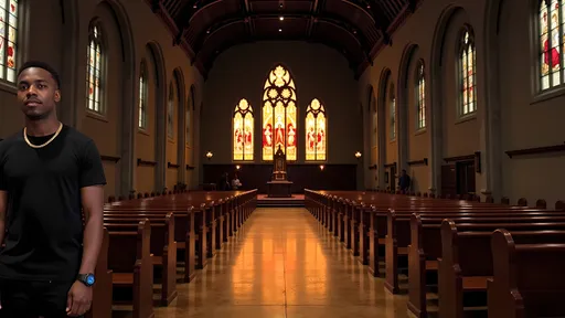 Prompt: @NeL3Rcqr0PCzdSZUVj8l This photograph captures the interior of a Gothic-style church, characterized by its pointed arches and intricate stained glass windows. The image is taken from the perspective of the aisle, leading towards the altar. The aisle is lined with dark wooden pews on either side, their polished surfaces reflecting the warm, golden light that streams in from the large, multi-paneled stained glass windows at the far end. The windows are adorned with vibrant, colorful patterns depicting religious figures and scenes, framed by ornate stone tracery. The floor is made of large, rectangular tiles that are slightly worn, adding a sense of age and history to the space. Above the windows, the vaulted ceiling is dark and shadowy, emphasizing the contrast between the illuminated windows and the dimly lit interior. The altar is a simple, dark wooden structure, positioned centrally beneath the windows, and is surrounded by more pews. The overall atmosphere is one of solemnity and reverence, with the warm light and rich colors creating a sense of peaceful, spiritual beauty. The photograph uses a shallow depth of field, focusing on the stained glass windows while the aisle and pews are softly blurred in the background.