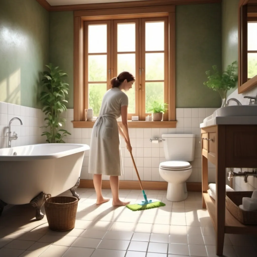 Prompt: (woman cleaning bathroom), (realistic and detailed scene), woman scrubbing a toilet, woman mopping the floor, woman cleaning the sink, bright and clean bathroom ambiance, warm natural lighting streaming through the window, subtle shadows enhancing depth, high-quality 4K resolution.