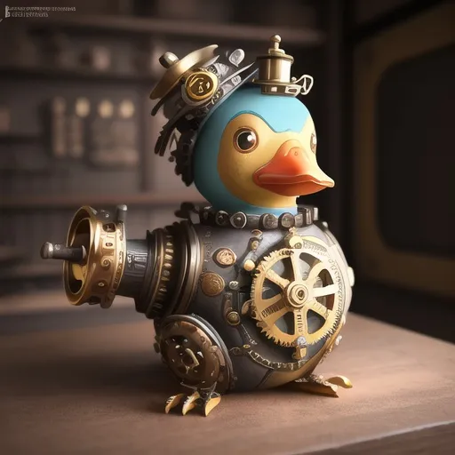 Prompt: <mymodel>Steampunk rubber duck sticker, vintage metal texture, industrial cogwheels and gears, intricate mechanical details, weathered brass and copper tones, whimsical and quirky design, vibrant and contrasting colors, high contrast, detailed illustration, sticker quality, steampunk, vintage, mechanical details, quirky design, vibrant colors, high contrast, detailed artwork, professional lighting