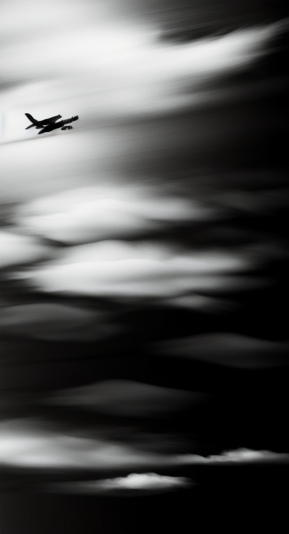 Prompt: a black and white photo of a cloudy sky with a plane flying in the sky above it and a black and white background, amano, generative art, abstract brush strokes, an abstract painting