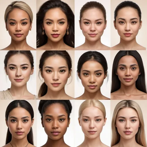 Prompt: poster with photorealistic women, 9 Different racial and ethnic groups, from Chinese, south Asian, Indian, arab, African, caucasian, African American, Hispanic, and Scandinavian, front view, elegant appearance, display on beige background