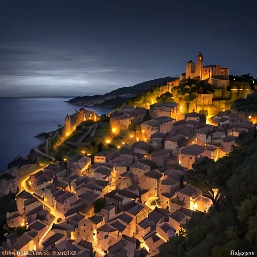 Prompt: A medieval stone village along Costa Brava, Catalonia, perched on a hilltop overlooking the sea. The village streets are narrow, with ancient stone buildings glowing under warm streetlamps. In the distance, the Mediterranean stretches out, fading into twilight. The dusky sky transitions from orange to deep blue, creating a romantic and mysterious atmosphere. Cinematic composition with soft, diffused lighting.