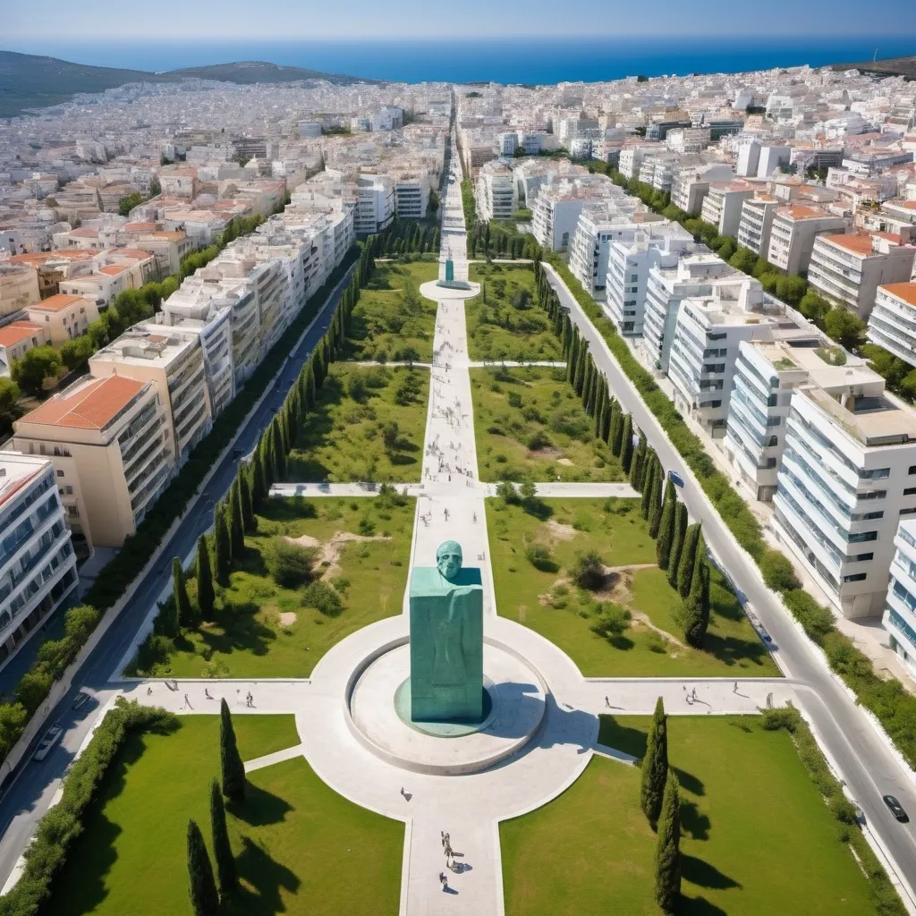 Prompt: A megacity in greece that is highly modernised and is very sustainable and has green open spaces and has a statue of darwin Nunez