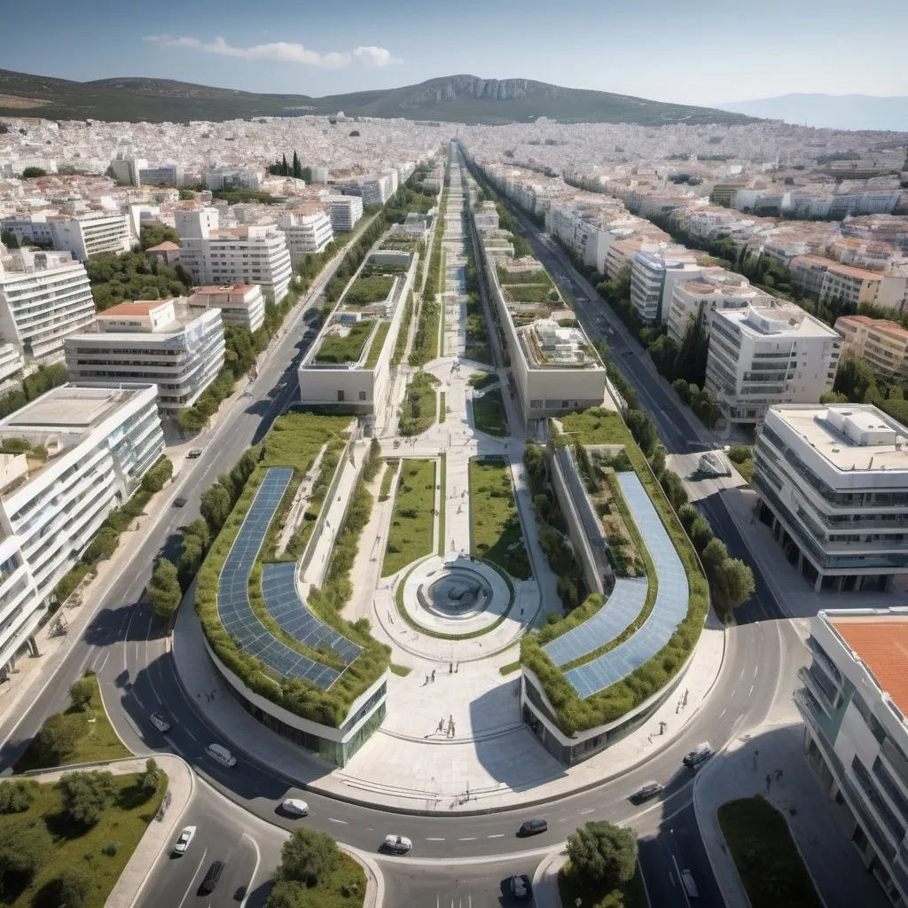 Prompt: A megacity in greece that is highly modernised and is very sustainable and has green open spaces and has a statue of darwin Nunez