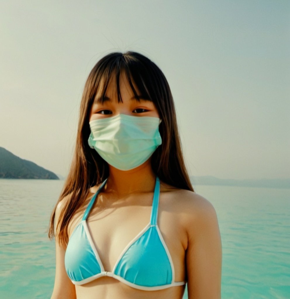 Prompt: A girl wearing a swimsuit with facial expressions, long hair and bangs, and a mask